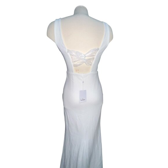 Lulus Open Bow Back Sleeveless Square Neck Maxi Wedding Dress with Train Sz Medi - Picture 2 of 13